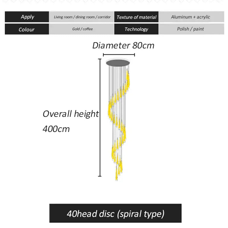 Modern gold & black led spiral chandelier stairwell pendant light