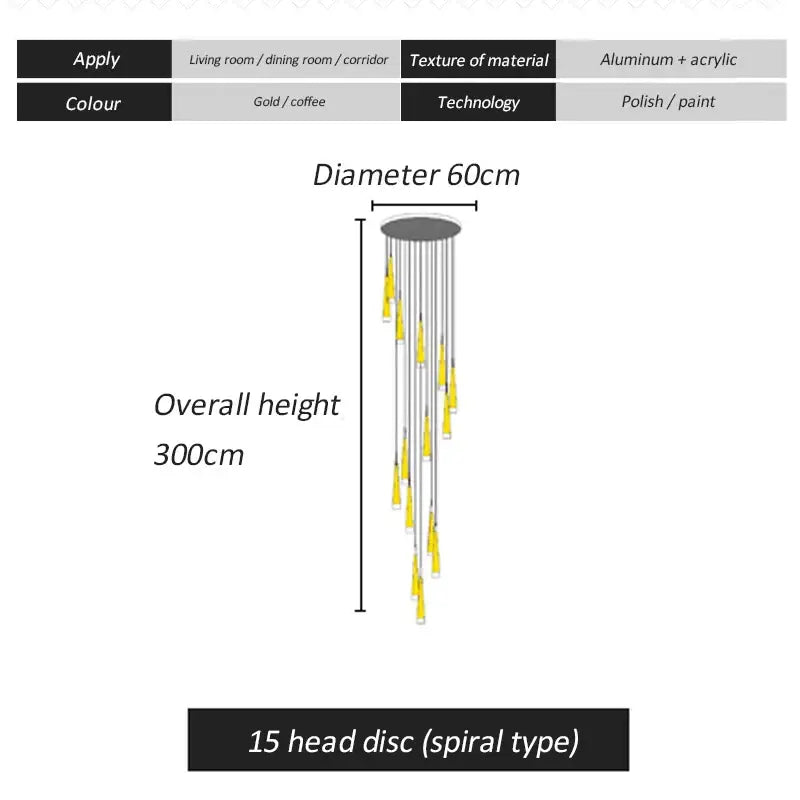 Modern golden led spiral chandelier stairwell pendant light