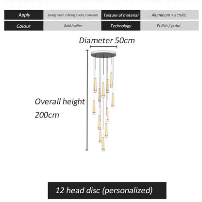 Modern golden led spiral chandelier stairwell pendant light
