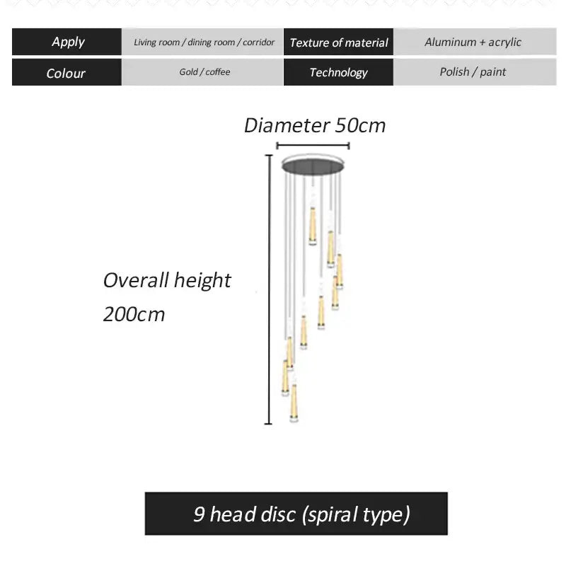 Modern golden led spiral chandelier stairwell pendant light