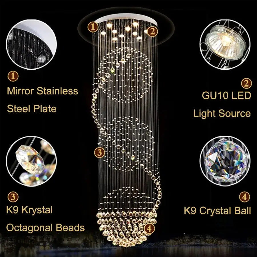 Modern led spiral crystal ball chandelier staircase hanging light