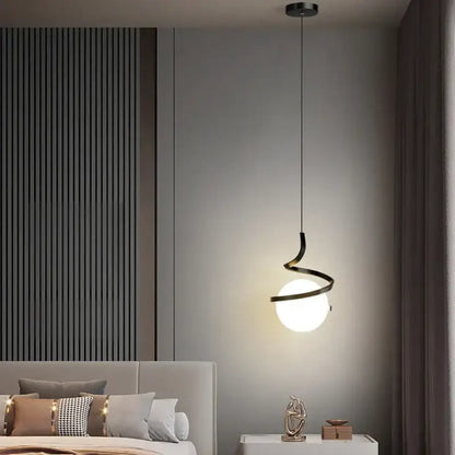 Modern black spiral led pendant light with glass globe bedroom