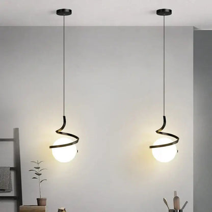 Modern black spiral led pendant light with glass globe bedroom