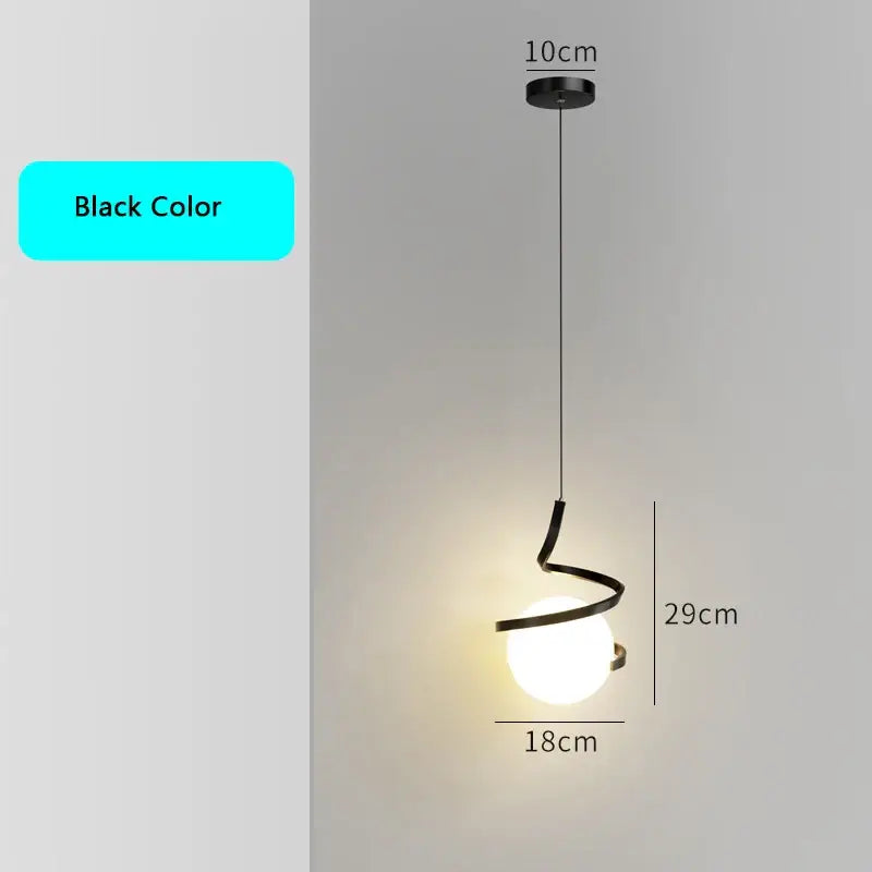 Modern black spiral led pendant light with glass globe bedroom