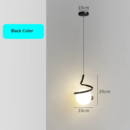 Modern black spiral led pendant light with glass globe bedroom