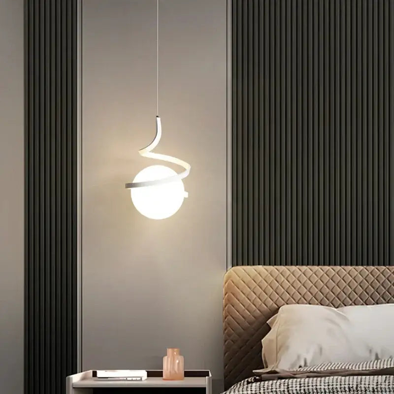 Modern black spiral led pendant light with glass globe bedroom