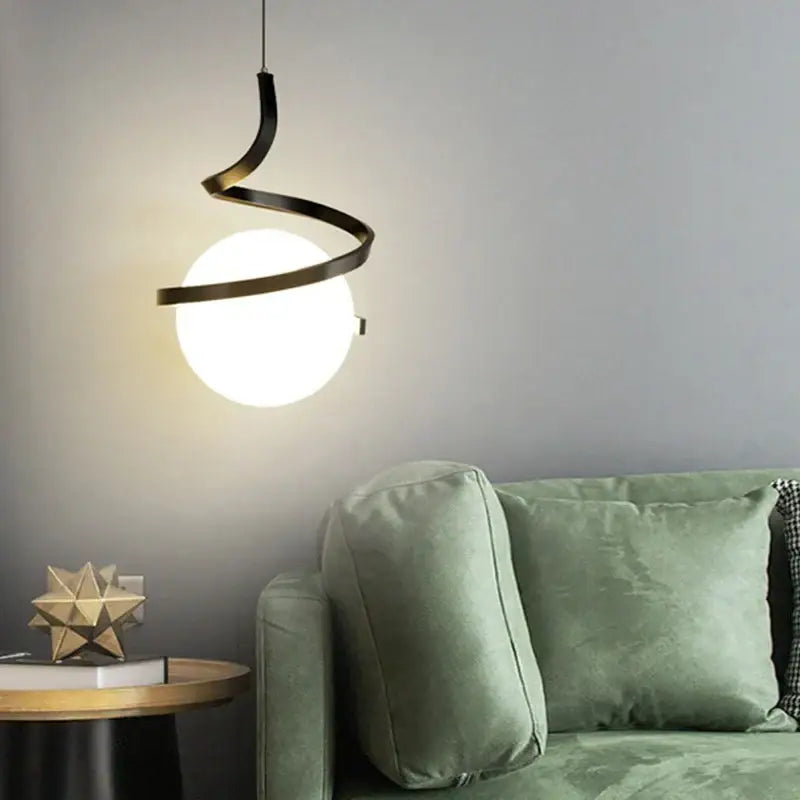Modern black spiral led pendant light with glass globe bedroom
