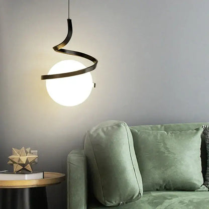 Modern black spiral led pendant light with glass globe bedroom