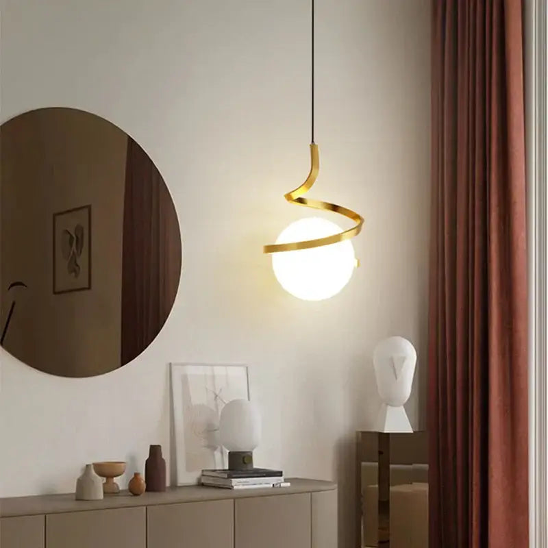 Modern black spiral led pendant light with glass globe bedroom