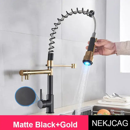 Matte black led spring kitchen faucet with dual swivel spout