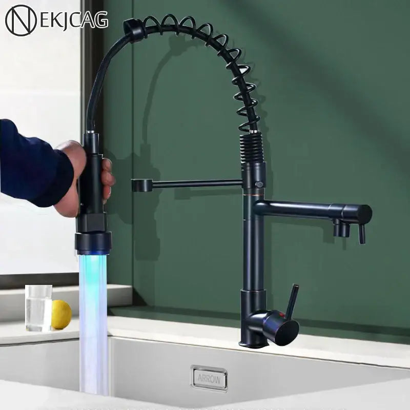 Matte black led spring kitchen faucet with dual swivel spout