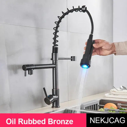 Matte black led spring kitchen faucet with dual swivel spout