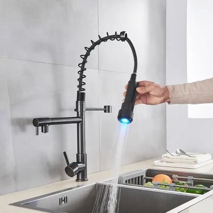 Matte black led spring kitchen faucet with dual swivel spout