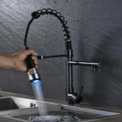 Matte black led spring kitchen faucet with dual swivel spout