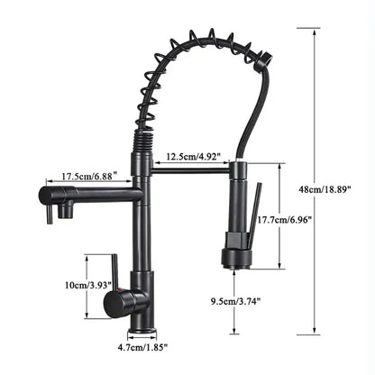 Matte black led spring kitchen faucet with dual swivel spout