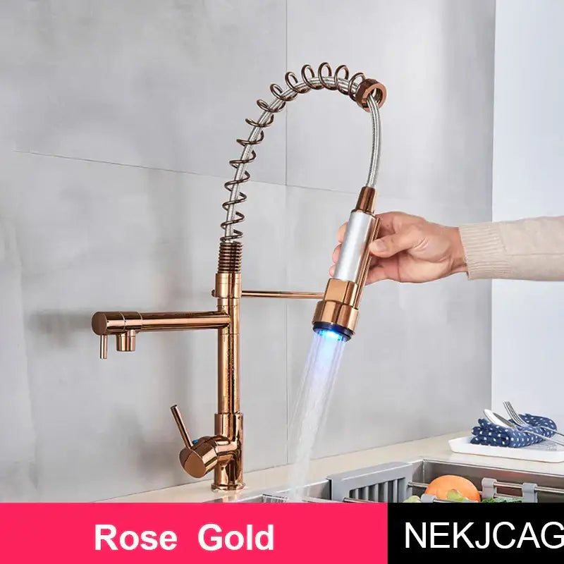 Matte black led spring kitchen faucet with dual swivel spout