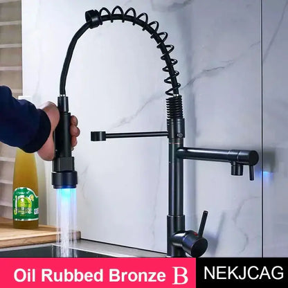 Matte black led spring kitchen faucet with dual swivel spout