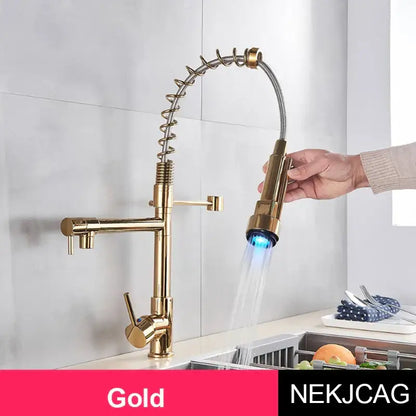 Matte black led spring kitchen faucet with dual swivel spout