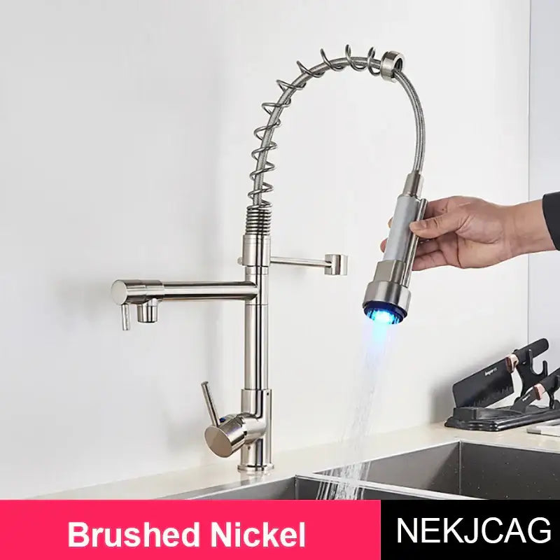 Matte black led spring kitchen faucet with dual swivel spout