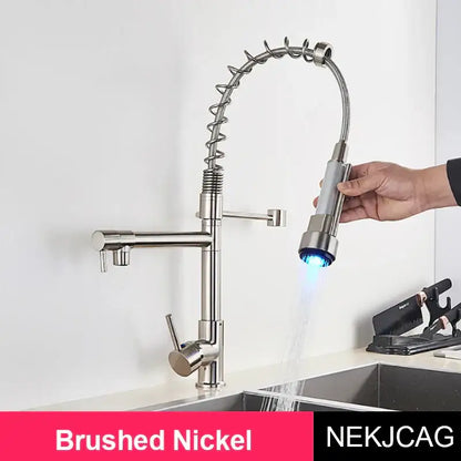 Matte black led spring kitchen faucet with dual swivel spout