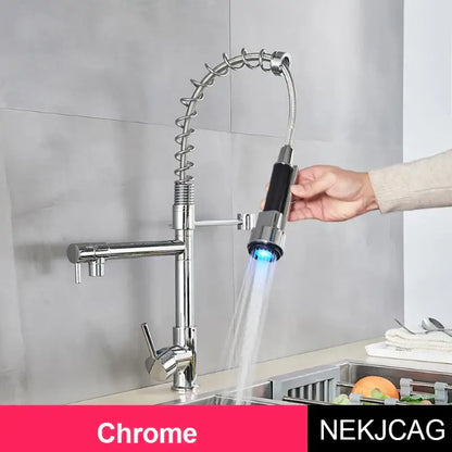 Matte black led spring kitchen faucet with dual swivel spout