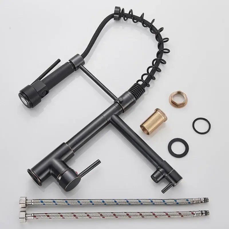 Matte black led spring kitchen faucet with dual swivel spout