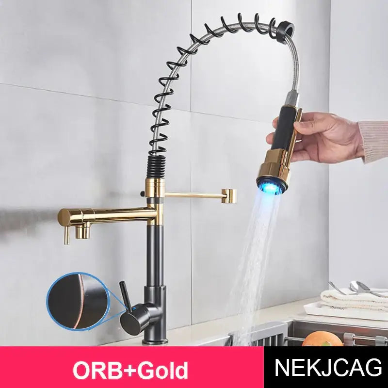 Matte black led spring kitchen faucet with dual swivel spout