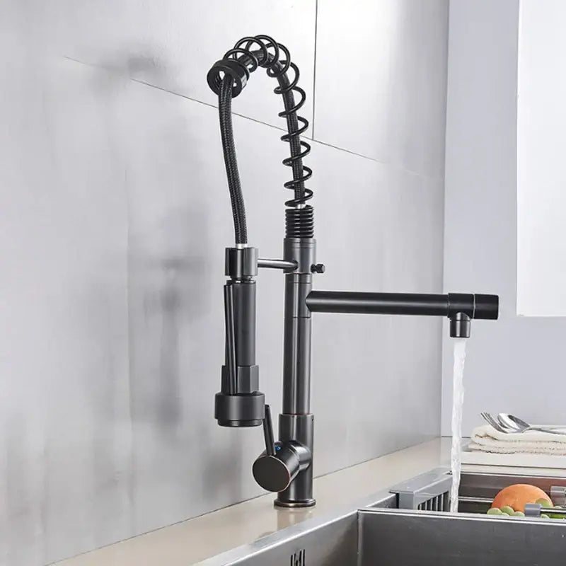 Matte black led spring kitchen faucet with dual swivel spout