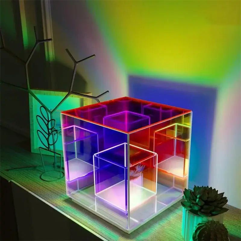 Geometric multi-colored led square color cube table lamp bedroom
