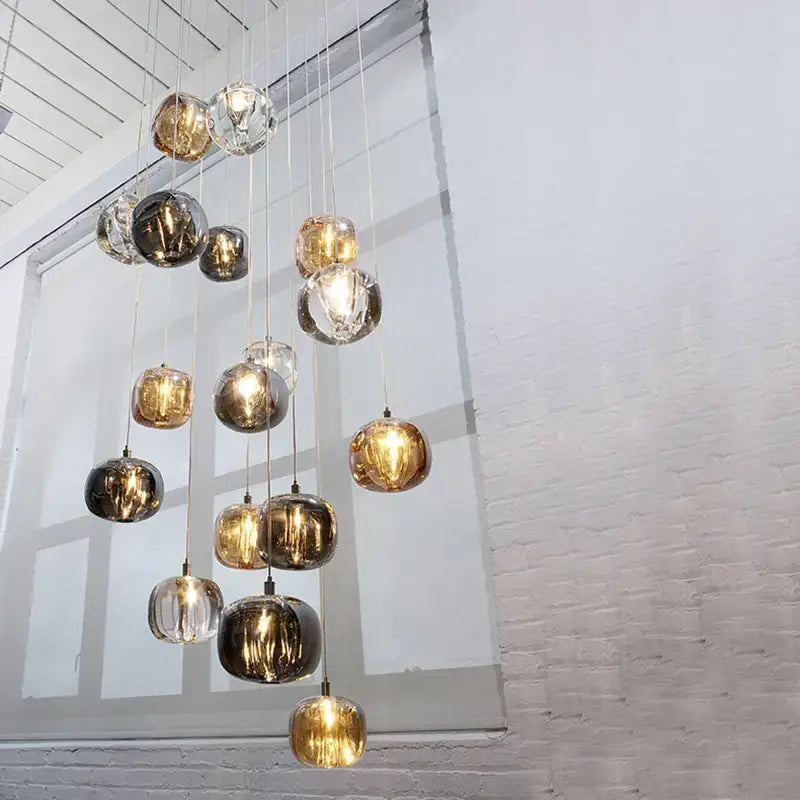 Modern amber & clear led stair chandelier dining room glass orb light