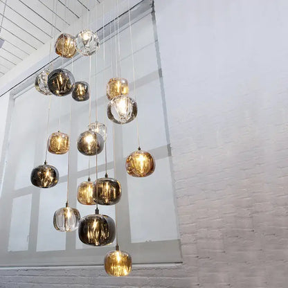 Modern amber & clear led stair chandelier dining room glass orb light
