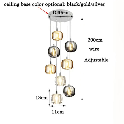 Modern amber & clear led stair chandelier dining room glass orb light