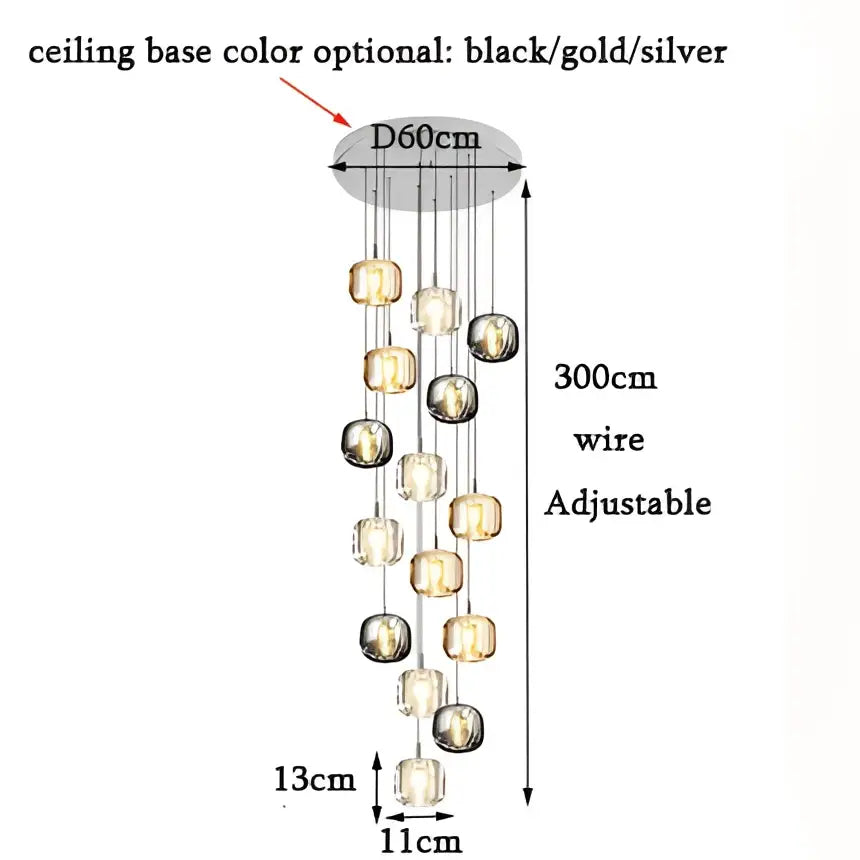 Modern amber & clear led stair chandelier dining room glass orb light