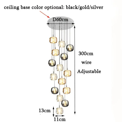 Modern amber & clear led stair chandelier dining room glass orb light