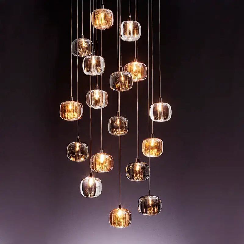 Modern amber & clear led stair chandelier dining room glass orb light