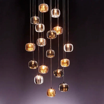 Modern amber & clear led stair chandelier dining room glass orb light