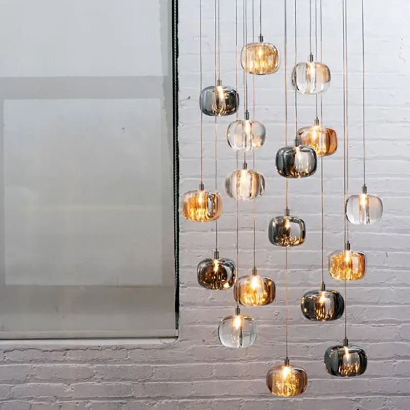 Modern amber & clear led stair chandelier dining room glass orb light