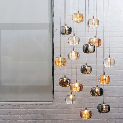 Modern amber & clear led stair chandelier dining room glass orb light