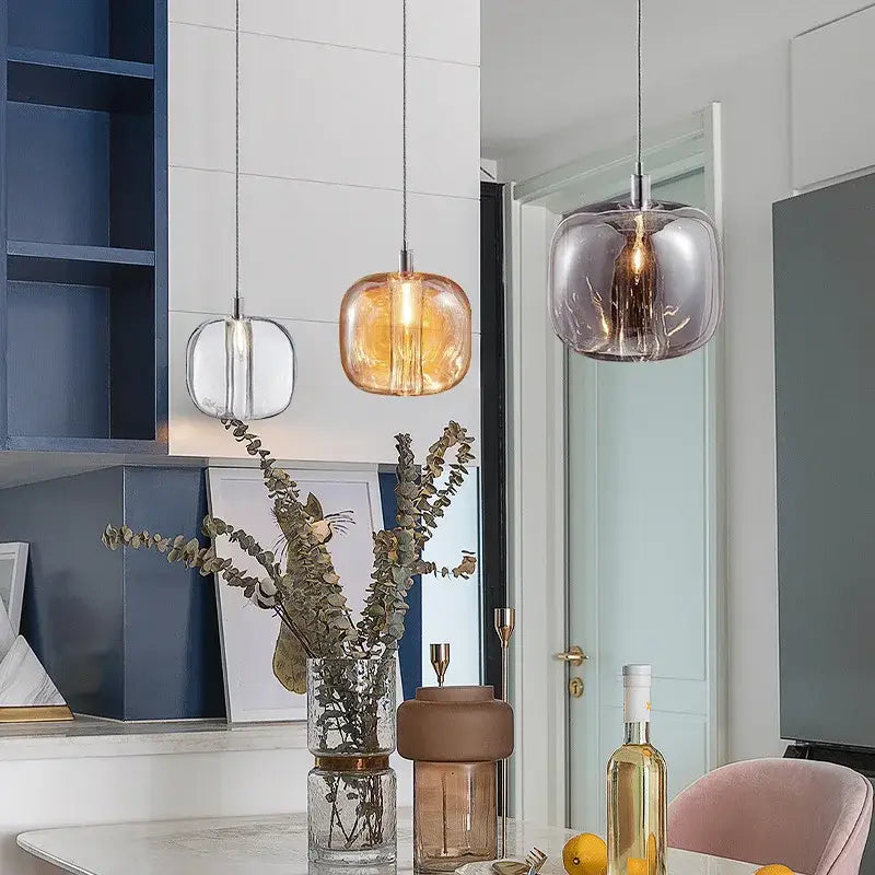 Modern amber & clear led stair chandelier dining room glass orb light