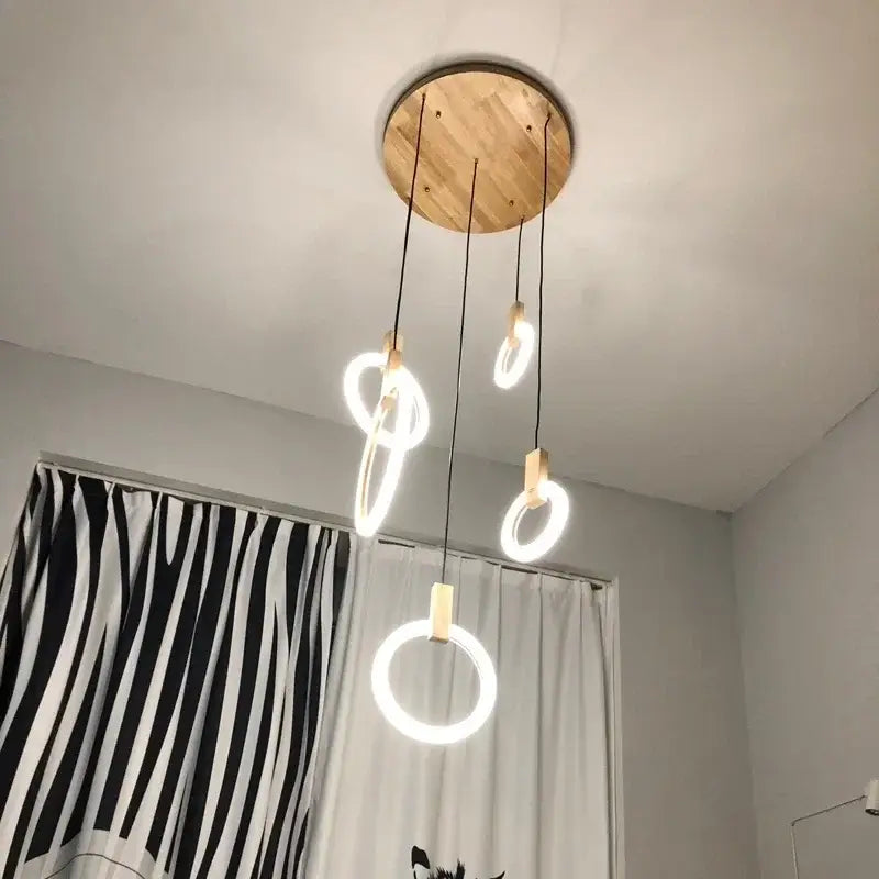 Modern nordic wood led stair chandelier living room pendant light