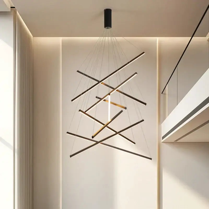 Modern black & gold led stair chandelier stairwell geometric light