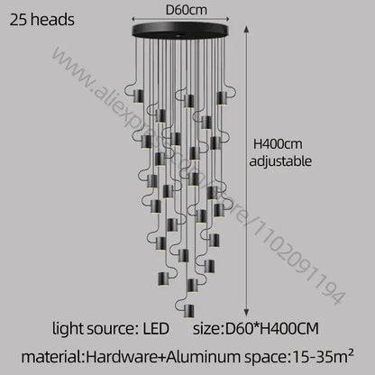 Modern black led staircase chandelier for villa living room decor