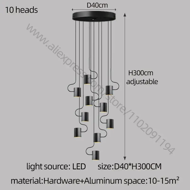 Modern black led staircase chandelier for villa living room decor