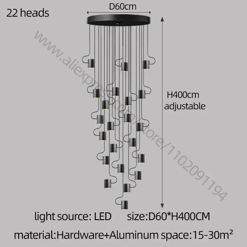 Modern black led staircase chandelier for villa living room decor