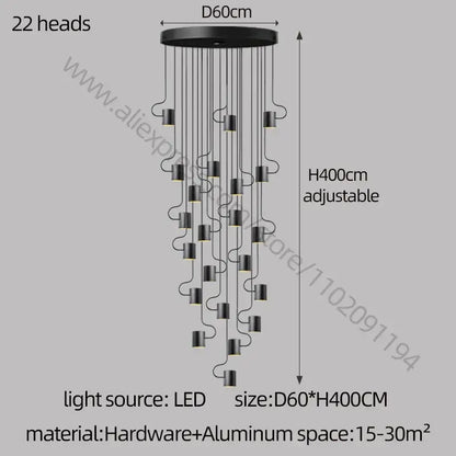 Modern black led staircase chandelier for villa living room decor