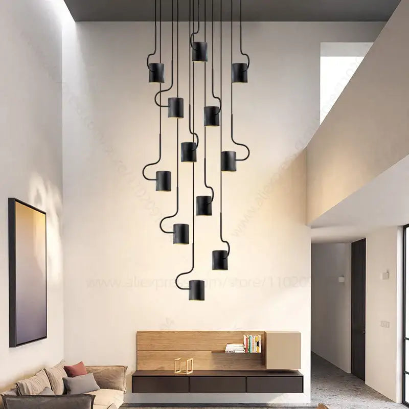 Modern black led staircase chandelier for villa living room decor