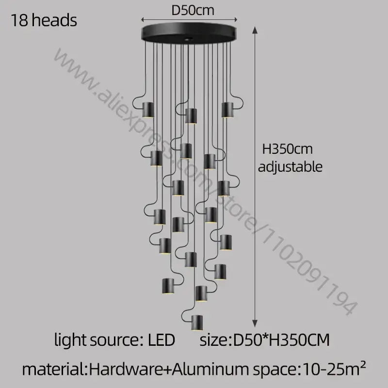 Modern black led staircase chandelier for villa living room decor