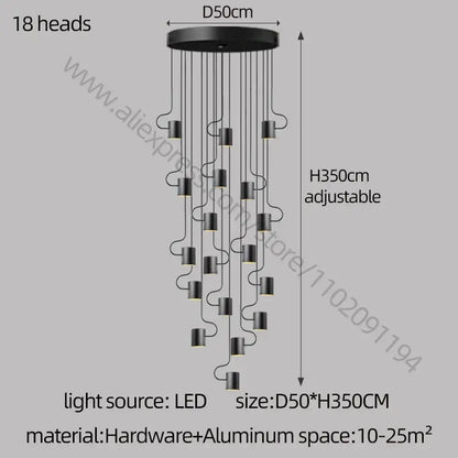 Modern black led staircase chandelier for villa living room decor
