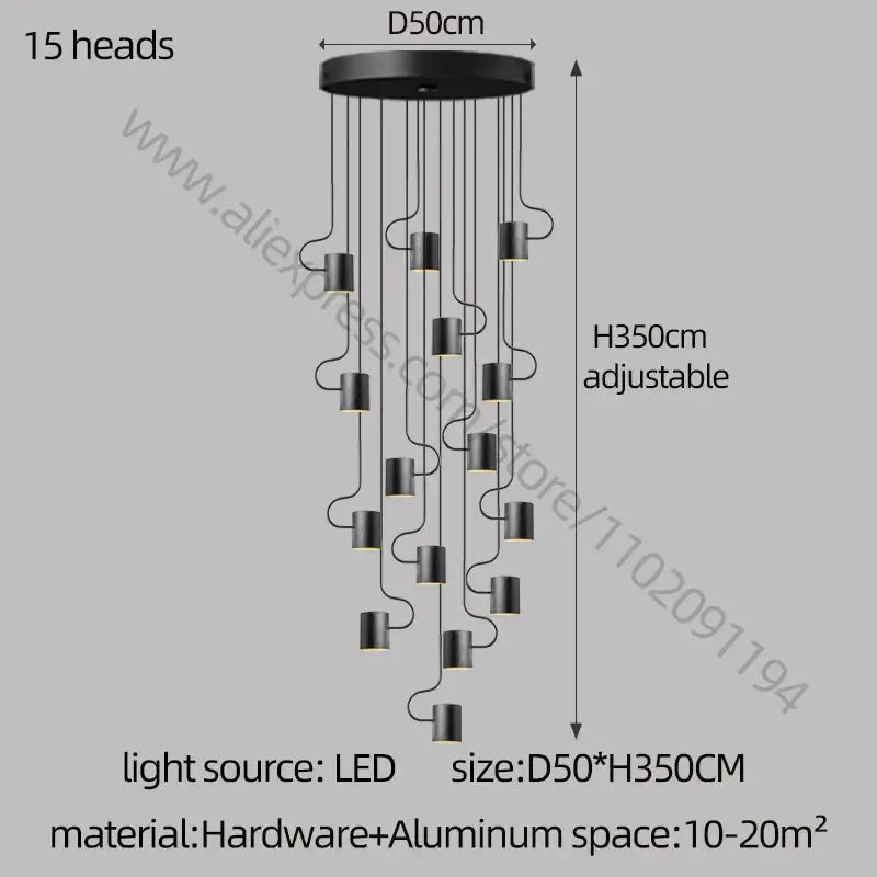 Modern black led staircase chandelier for villa living room decor