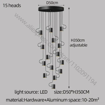 Modern black led staircase chandelier for villa living room decor